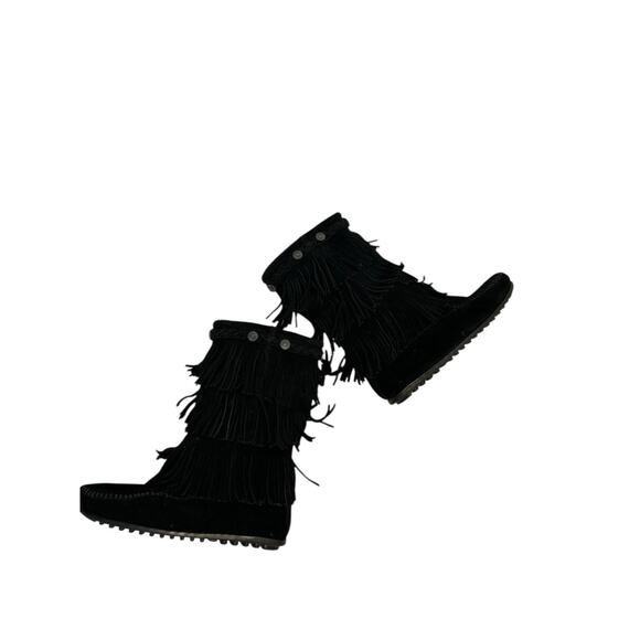 Minnetonka Triple Tiered Fringe Boots Girls Sz 4 Suede Western Moccasin Cowgirl - Picture 4 of 8